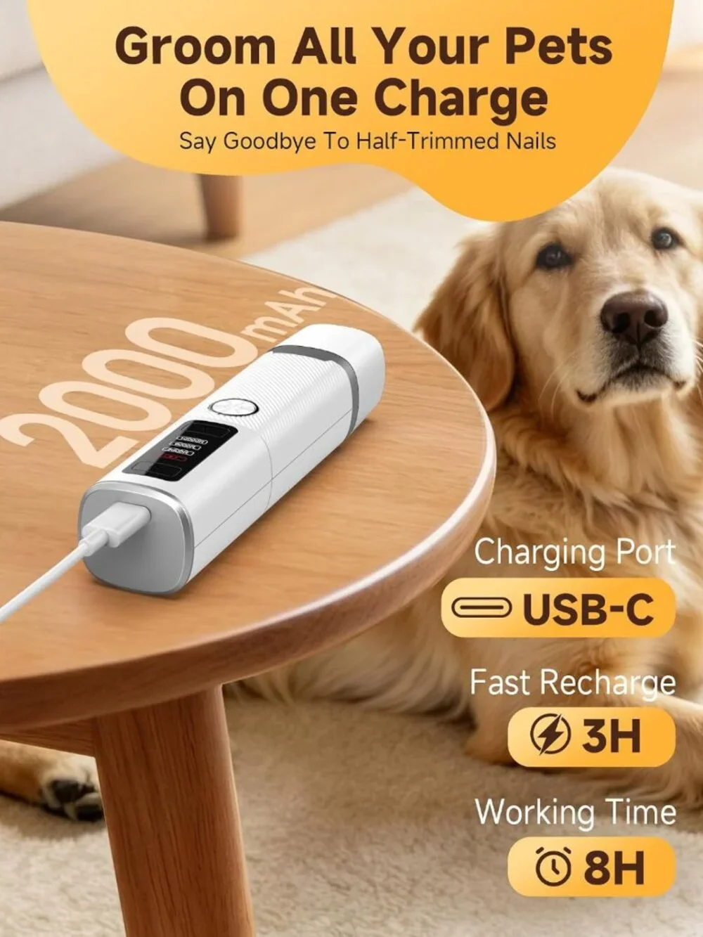 Quiet Electric Dog Nail Grinder with LED Lights, 3-Speed Rechargeable Pet